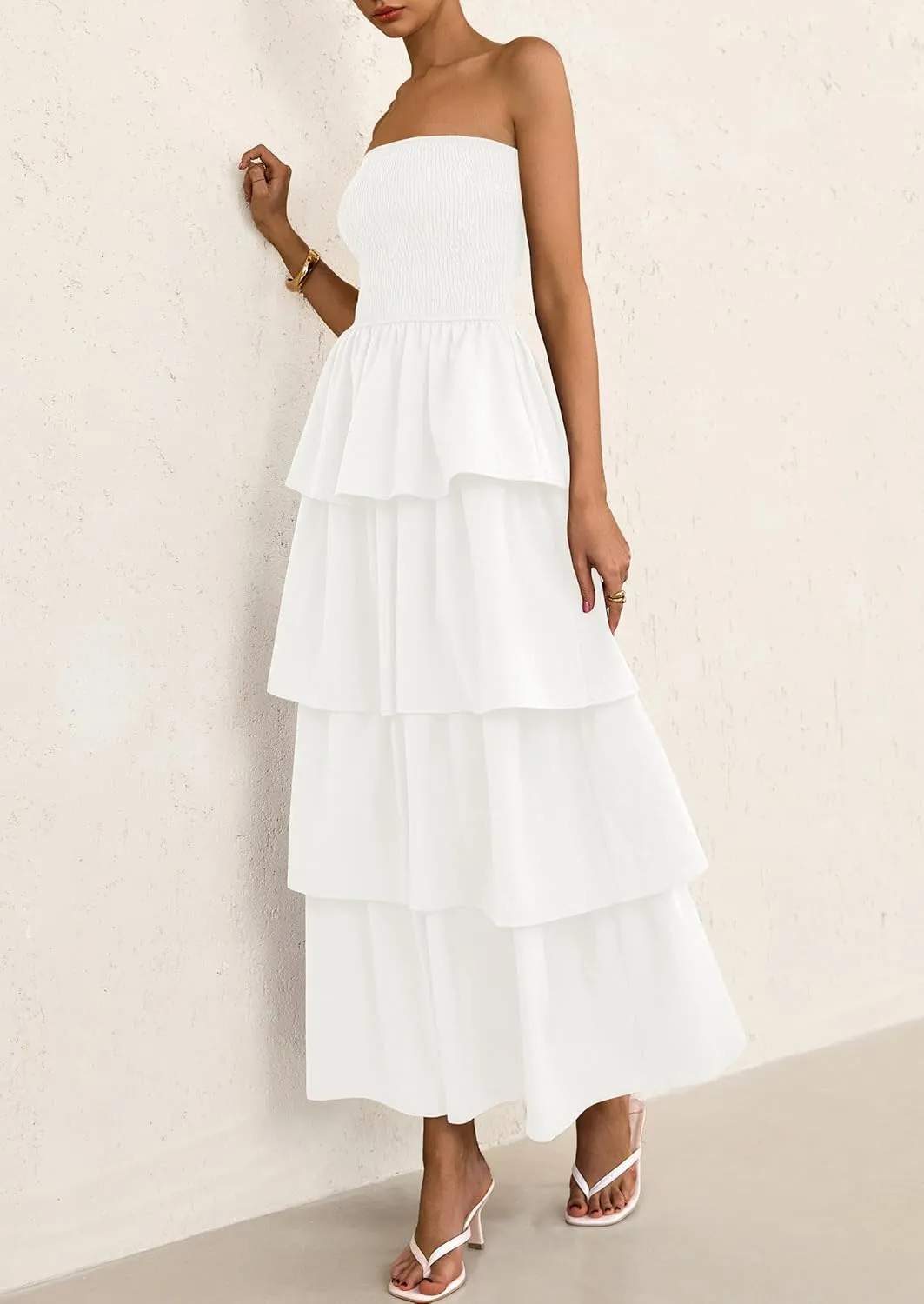 PRETTYGARDEN Maxi Dresses for Women 2025 Summer Off Shoulder Smocked Tiered Ruffle Long Flowy Wedding Guest Dress