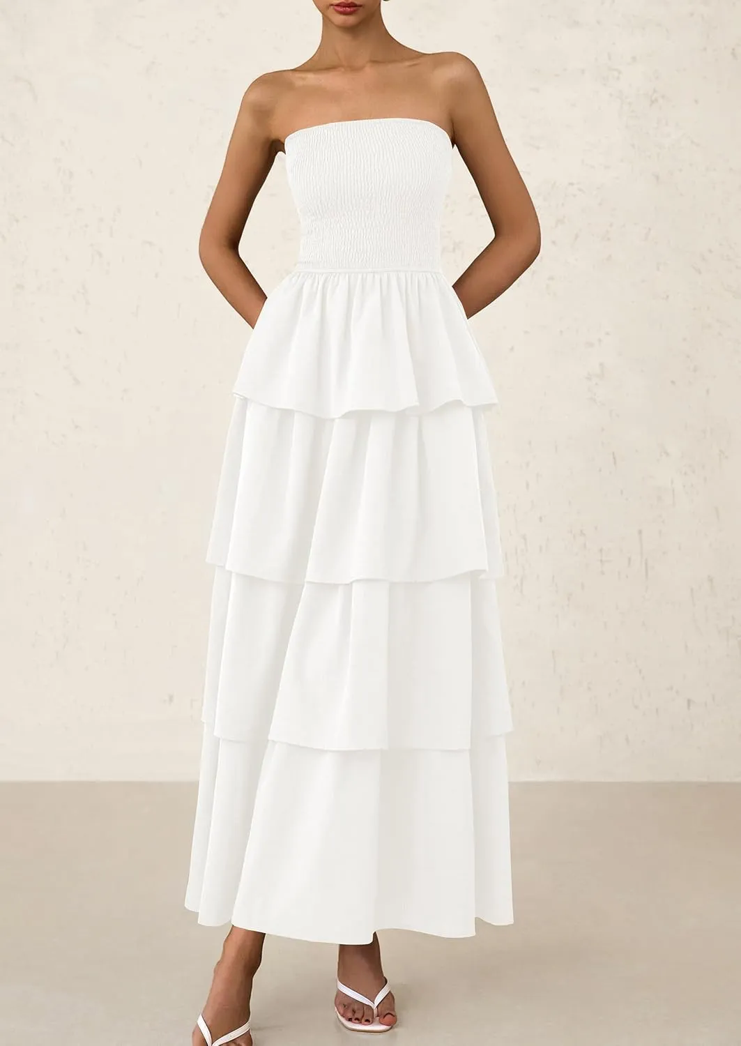 PRETTYGARDEN Maxi Dresses for Women 2025 Summer Off Shoulder Smocked Tiered Ruffle Long Flowy Wedding Guest Dress