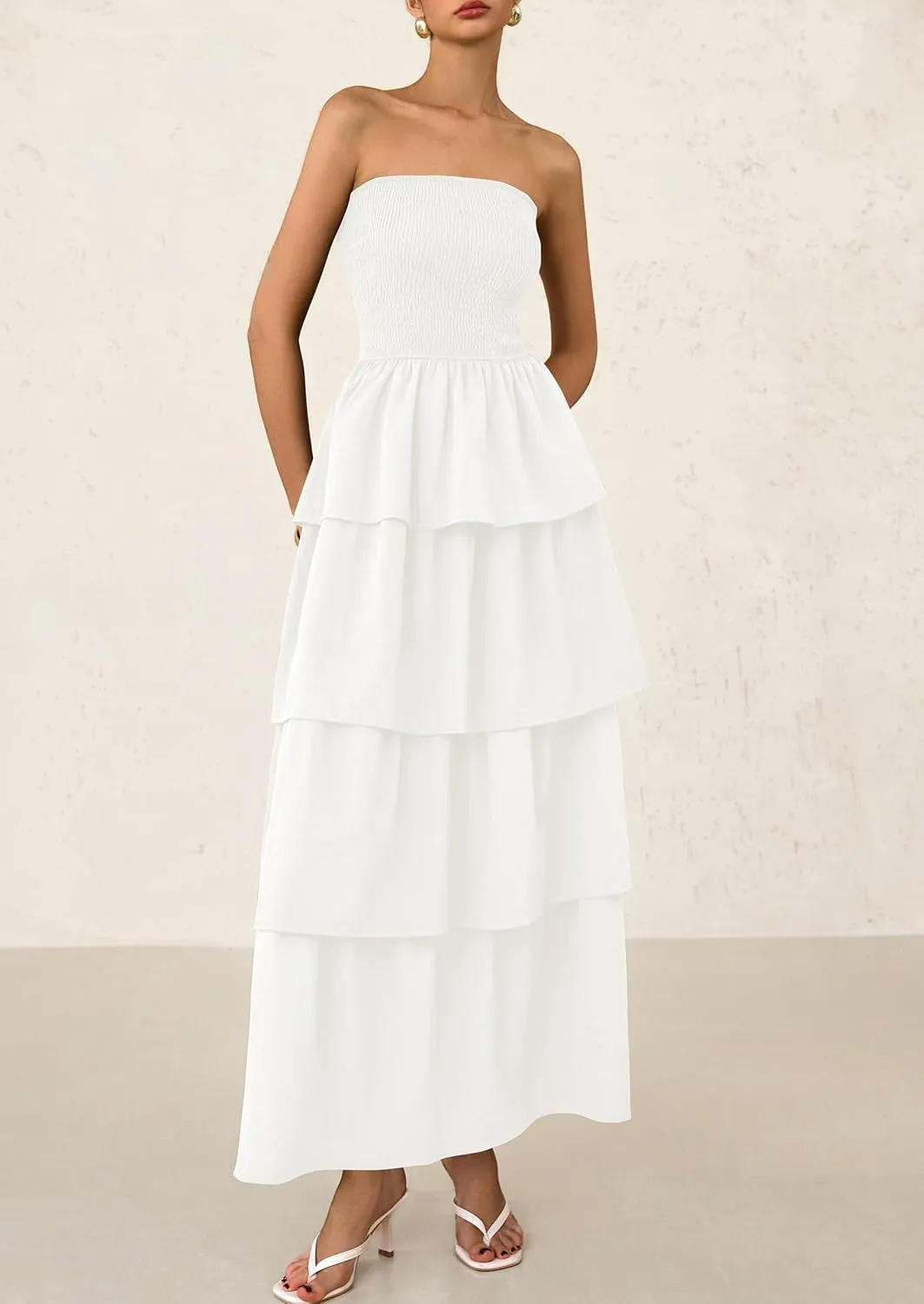 PRETTYGARDEN Maxi Dresses for Women 2025 Summer Off Shoulder Smocked Tiered Ruffle Long Flowy Wedding Guest Dress