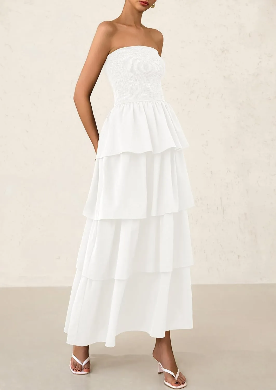 PRETTYGARDEN Maxi Dresses for Women 2025 Summer Off Shoulder Smocked Tiered Ruffle Long Flowy Wedding Guest Dress