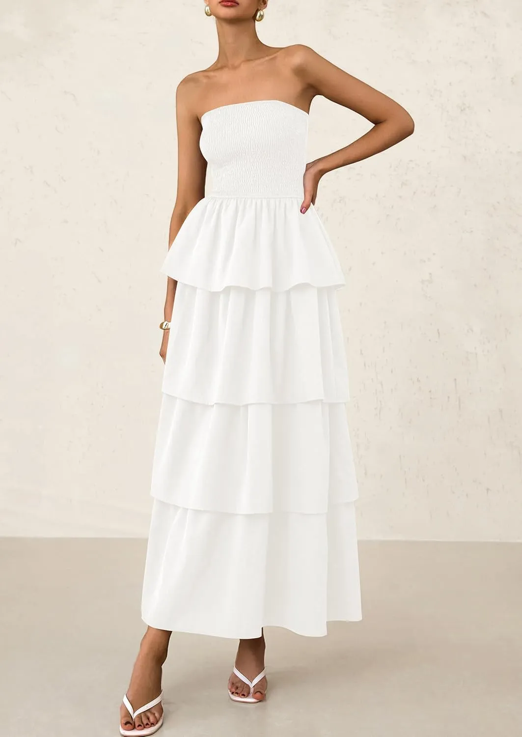 PRETTYGARDEN Maxi Dresses for Women 2025 Summer Off Shoulder Smocked Tiered Ruffle Long Flowy Wedding Guest Dress