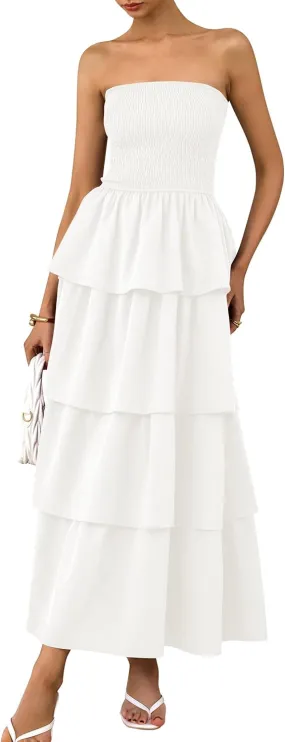 PRETTYGARDEN Maxi Dresses for Women 2025 Summer Off Shoulder Smocked Tiered Ruffle Long Flowy Wedding Guest Dress