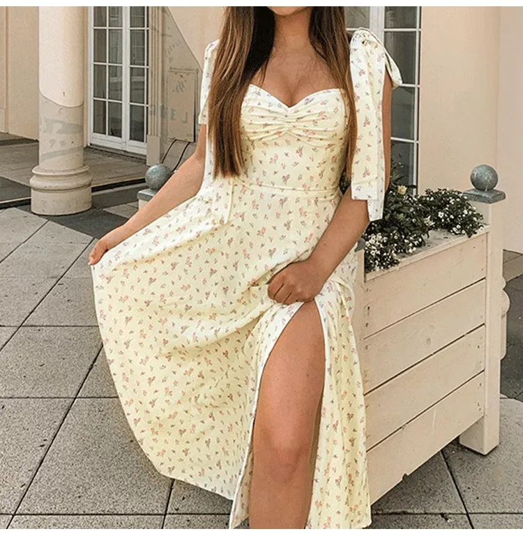 Romantic Tie-Shoulder Slit Midi Dress in Floral Print