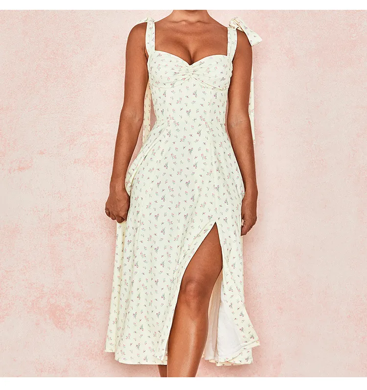Romantic Tie-Shoulder Slit Midi Dress in Floral Print