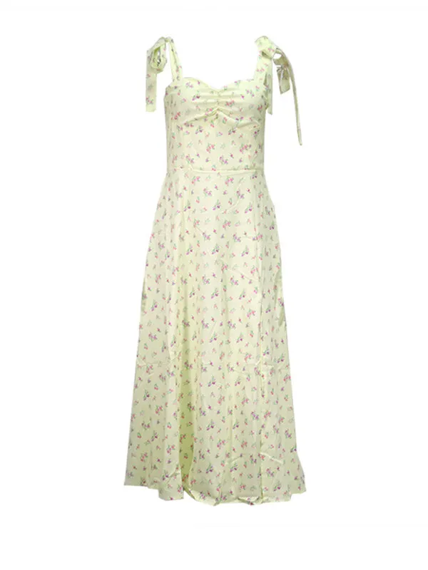 Romantic Tie-Shoulder Slit Midi Dress in Floral Print