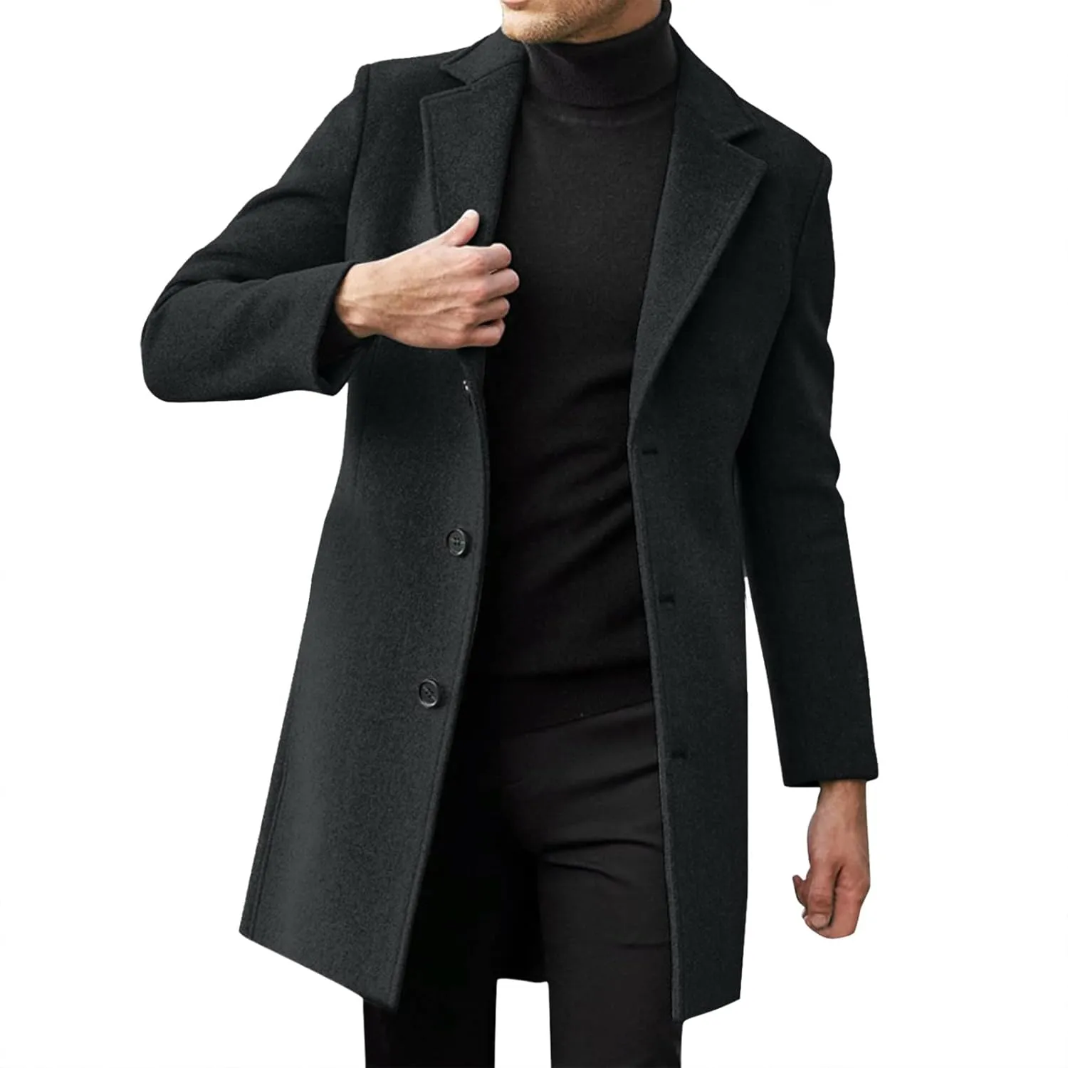 Slim Fit Trench Coat for Men Fall Single Breasted Lapel Mid-Length Pea Jacket Soft Elegant Woolen Coat Windbreaker