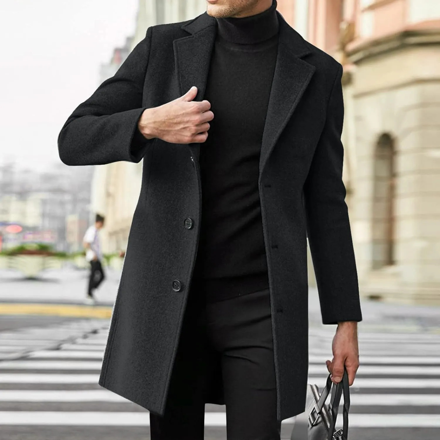 Slim Fit Trench Coat for Men Fall Single Breasted Lapel Mid-Length Pea Jacket Soft Elegant Woolen Coat Windbreaker