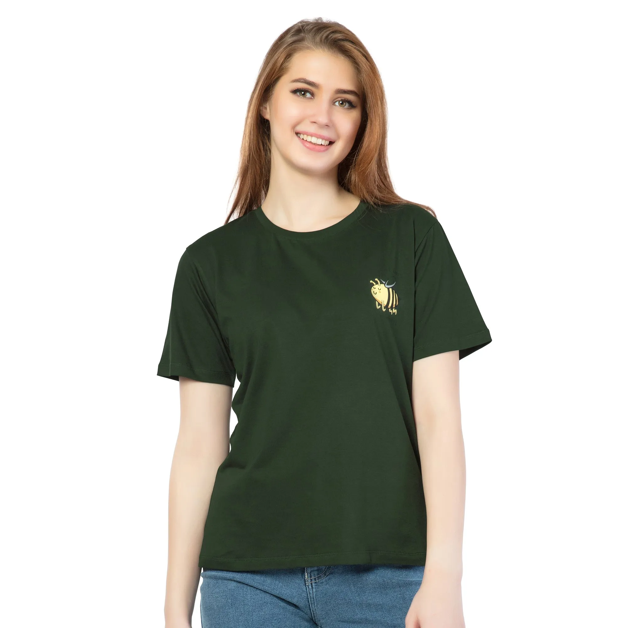 SRF-24073-Cotton-Honey Bee Relaxed Fit T-Shirt-Bottle Green