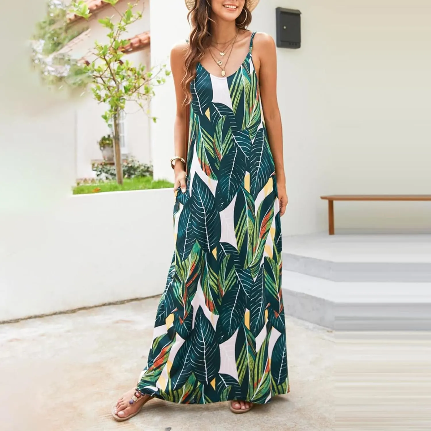 Summer Dresses for Women 2024 Casual Loose Spaghetti Strap Maxi Dress with Pockets Boho Vacation Sundress Sun Dress
