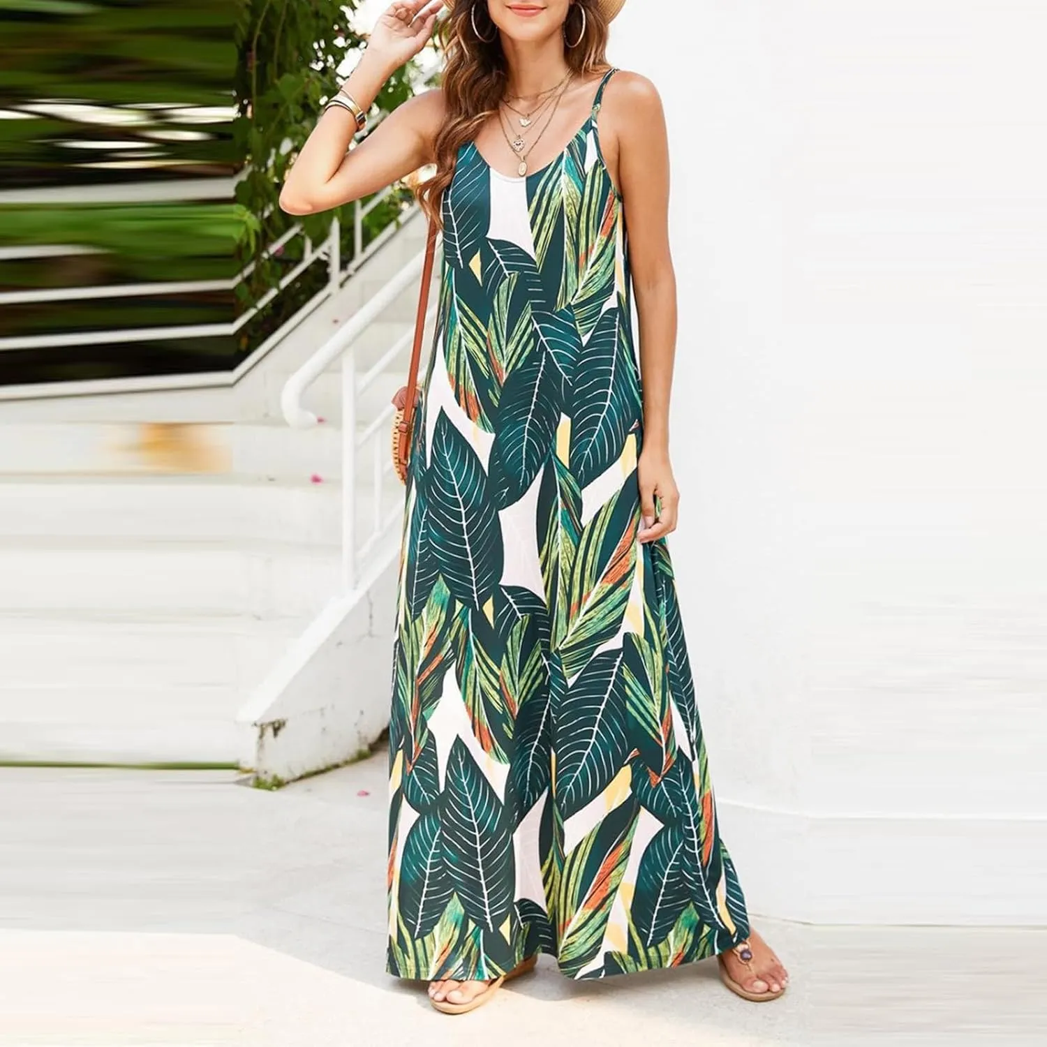 Summer Dresses for Women 2024 Casual Loose Spaghetti Strap Maxi Dress with Pockets Boho Vacation Sundress Sun Dress