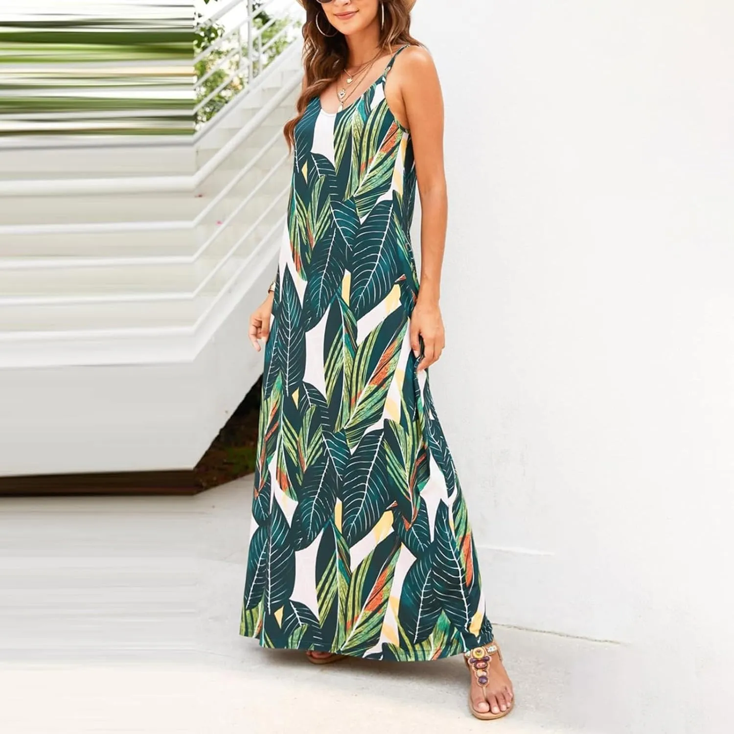Summer Dresses for Women 2024 Casual Loose Spaghetti Strap Maxi Dress with Pockets Boho Vacation Sundress Sun Dress