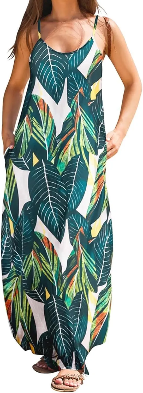 Summer Dresses for Women 2024 Casual Loose Spaghetti Strap Maxi Dress with Pockets Boho Vacation Sundress Sun Dress
