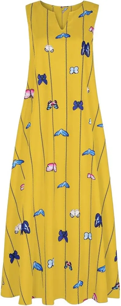 Summer Dresses for Women 2024 Plus Size Casual Loose Boho Sundress with Pockets V Neck Printed Sun Dress Maxi Dress