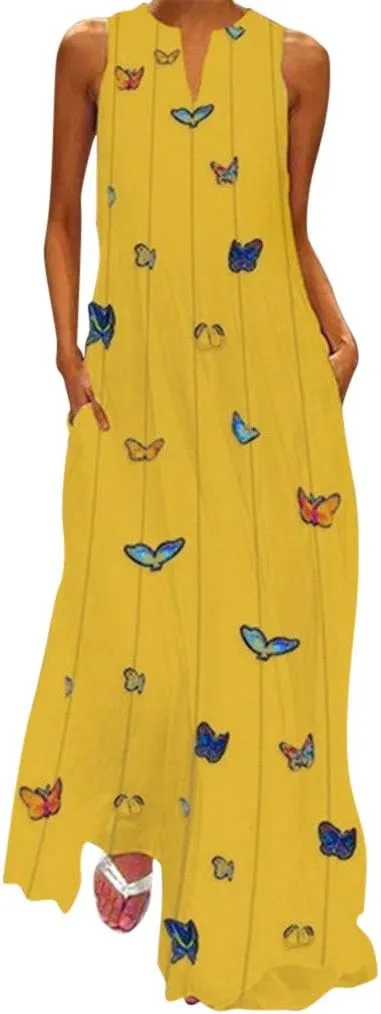 Summer Dresses for Women 2024 Plus Size Casual Loose Boho Sundress with Pockets V Neck Printed Sun Dress Maxi Dress