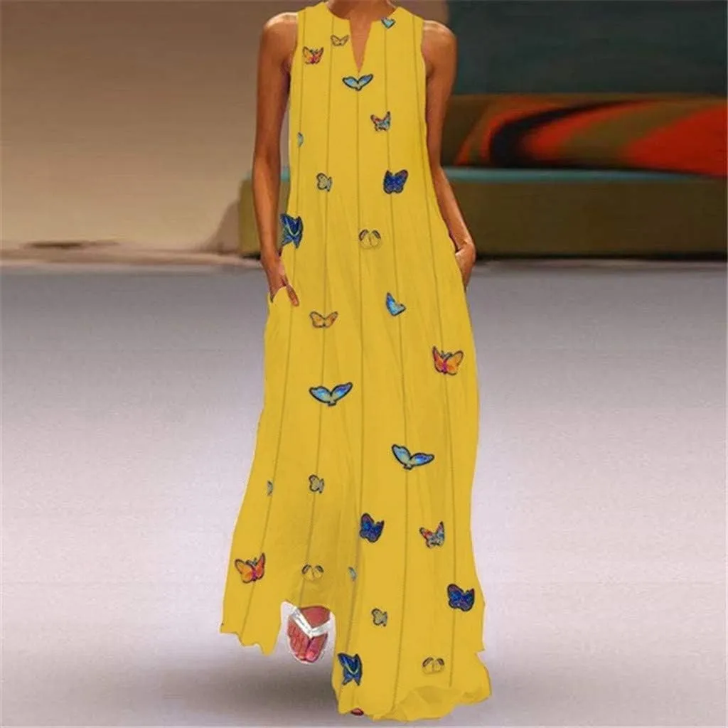 Summer Dresses for Women 2024 Plus Size Casual Loose Boho Sundress with Pockets V Neck Printed Sun Dress Maxi Dress