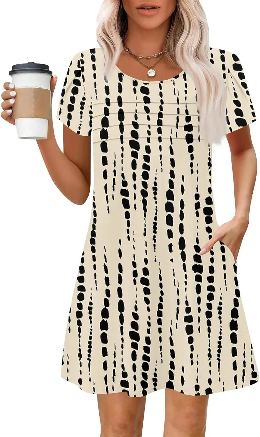 Summer Dresses for Women 2025 Round Neck Floral Short Sleeve Dress Casual T Shirt Dresses Pleated Front Beach Dress