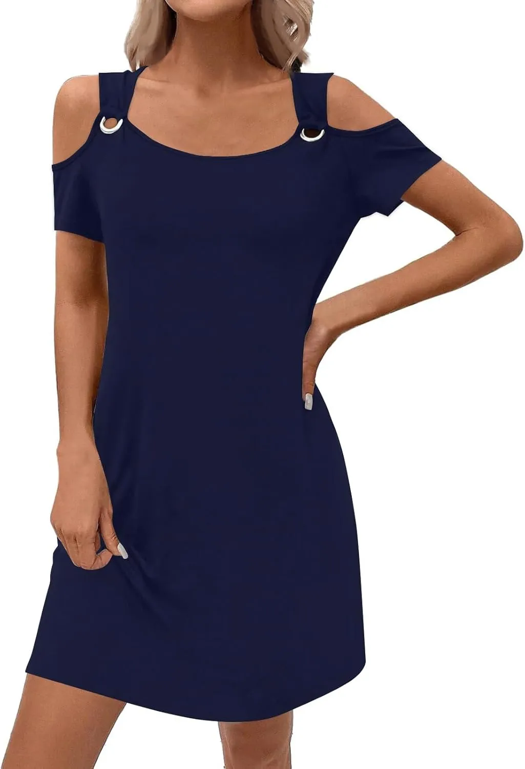 Summer Dresses for Women 2025 Scoop Neck Cold Shoulder Short Sleeve Mini Dress Casual Short Sundress with Pocket