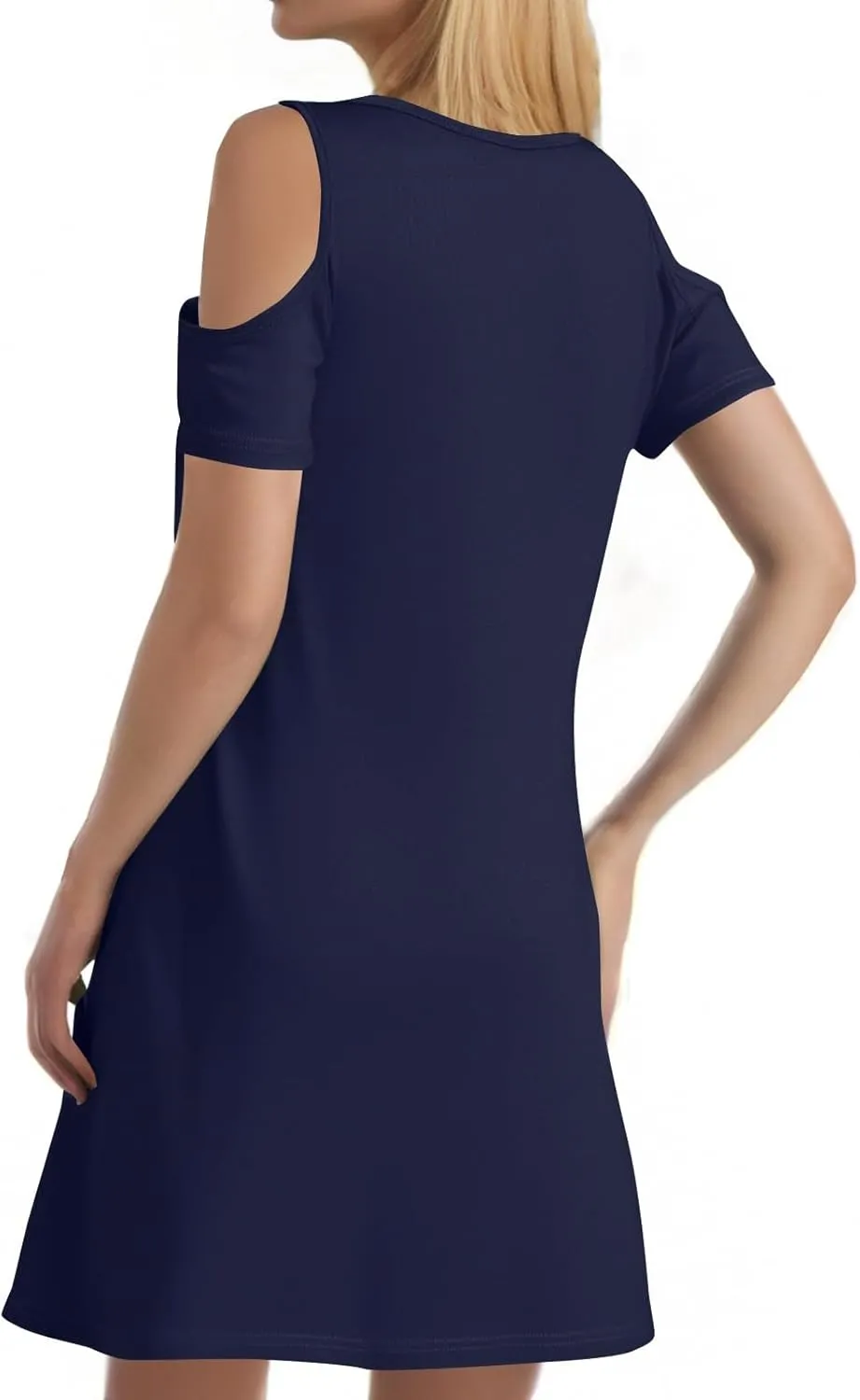Summer Dresses for Women 2025 Scoop Neck Cold Shoulder Short Sleeve Mini Dress Casual Short Sundress with Pocket