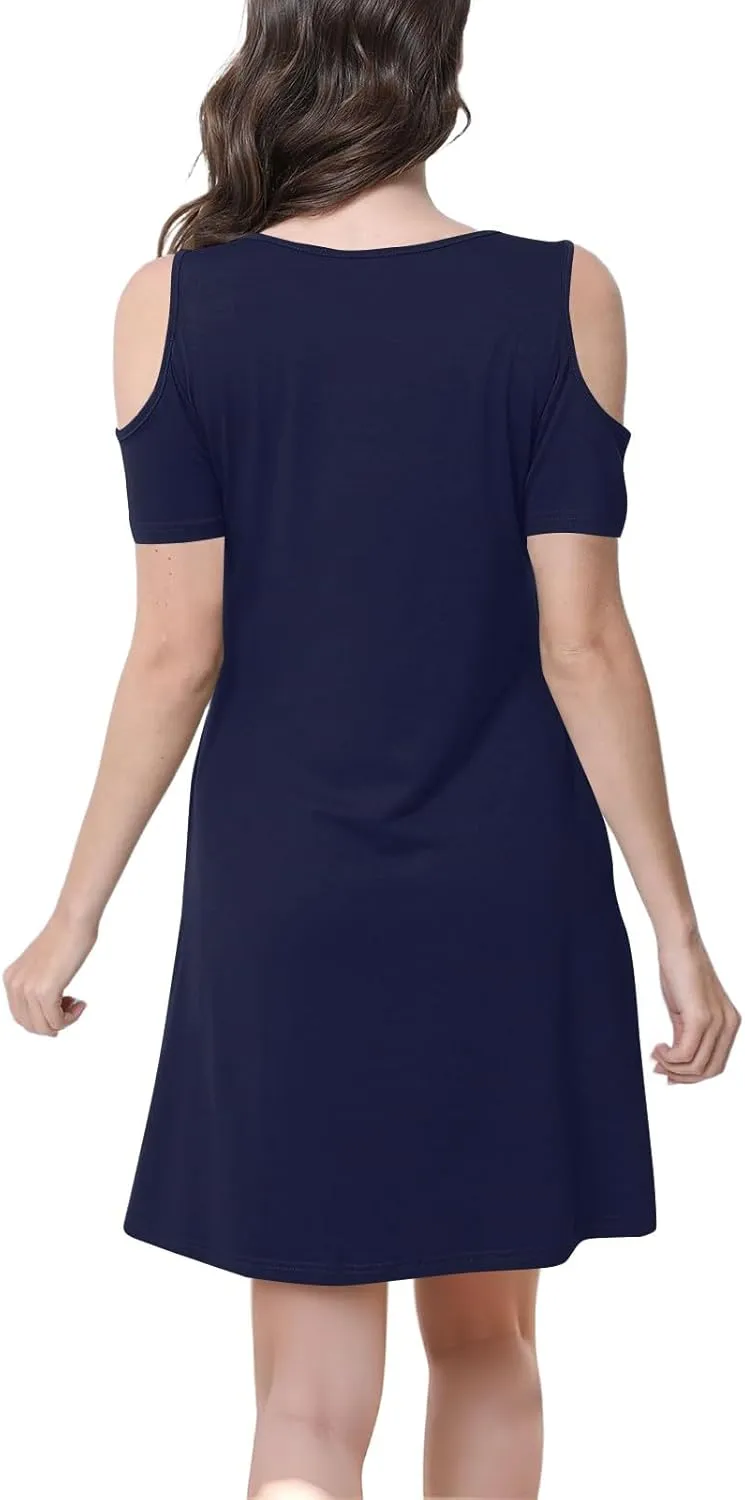 Summer Dresses for Women 2025 Scoop Neck Cold Shoulder Short Sleeve Mini Dress Casual Short Sundress with Pocket