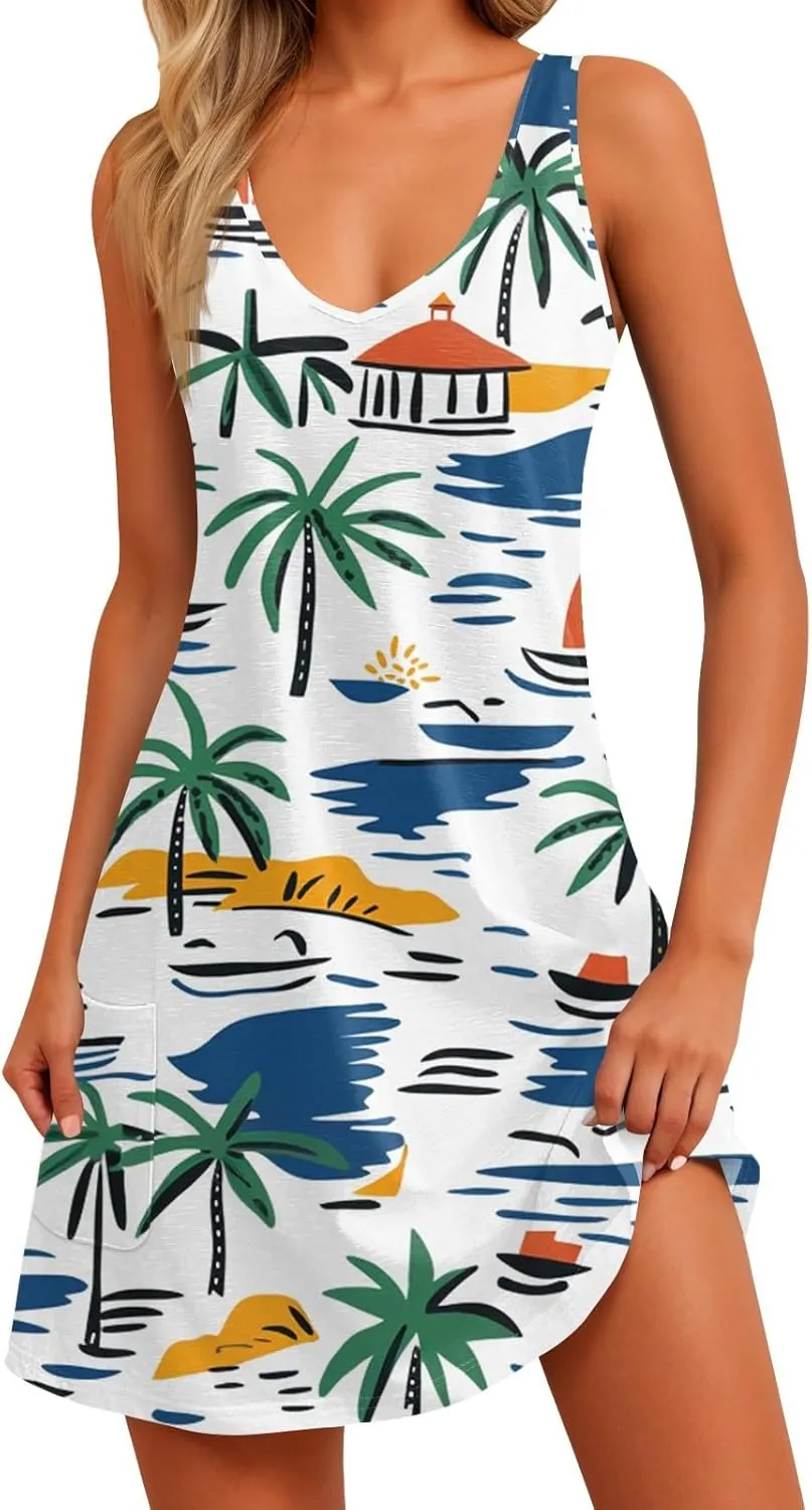 Summer Dresses for Women Casual Beach Vacation Dress Floral Print Crew Neck Sundress Loose Tank Dress with Pockets