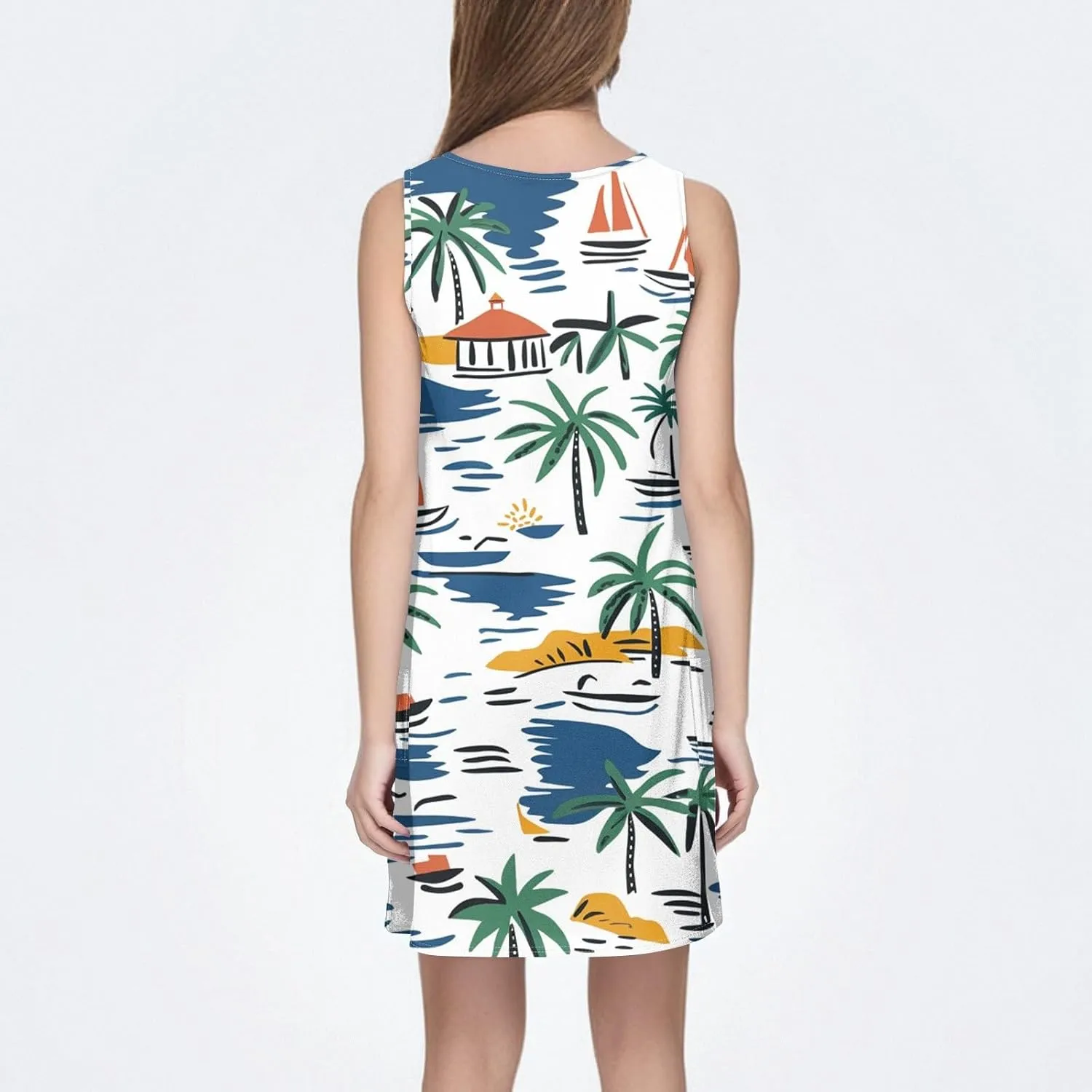 Summer Dresses for Women Casual Beach Vacation Dress Floral Print Crew Neck Sundress Loose Tank Dress with Pockets