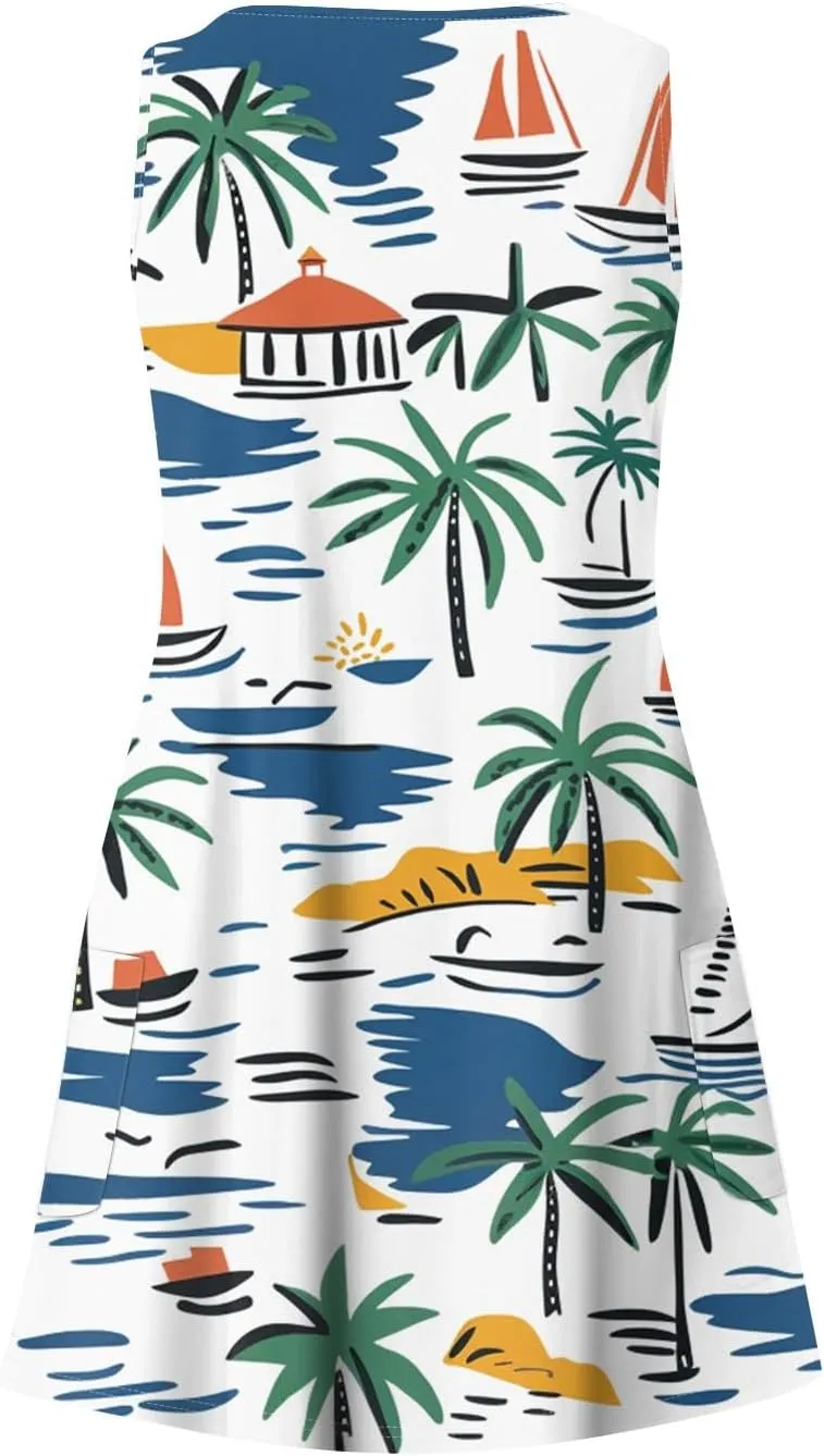 Summer Dresses for Women Casual Beach Vacation Dress Floral Print Crew Neck Sundress Loose Tank Dress with Pockets