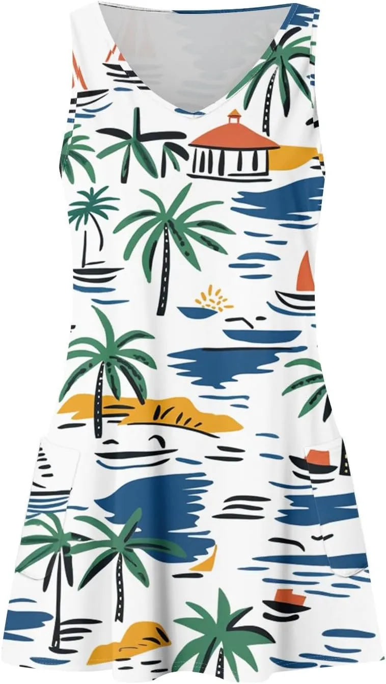 Summer Dresses for Women Casual Beach Vacation Dress Floral Print Crew Neck Sundress Loose Tank Dress with Pockets