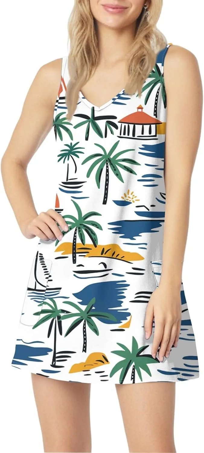 Summer Dresses for Women Casual Beach Vacation Dress Floral Print Crew Neck Sundress Loose Tank Dress with Pockets