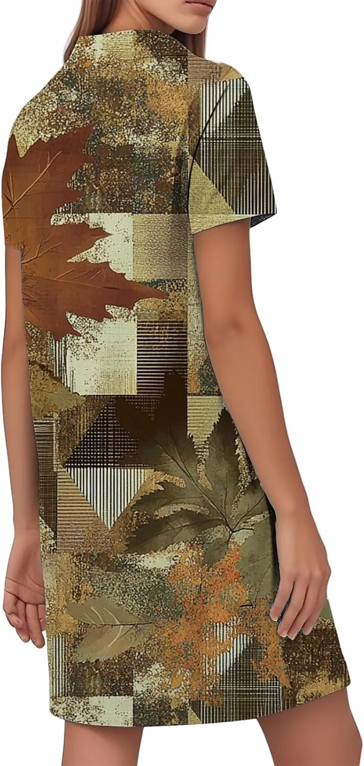 Summer Dresses for Women Casual Short Sleeve Lapel V-Neck Tshirt Dress Chic Collared Boho Floral Beach Sundress