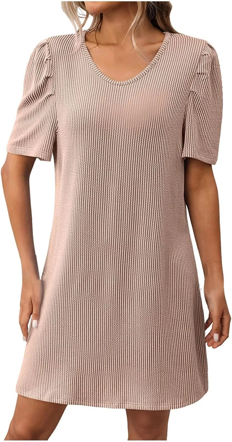 Summer Stripe Dresses for Women Casual Short Sleeve Loose Fit Crew Neck Dress Fashion Pleated Vacation Sundress