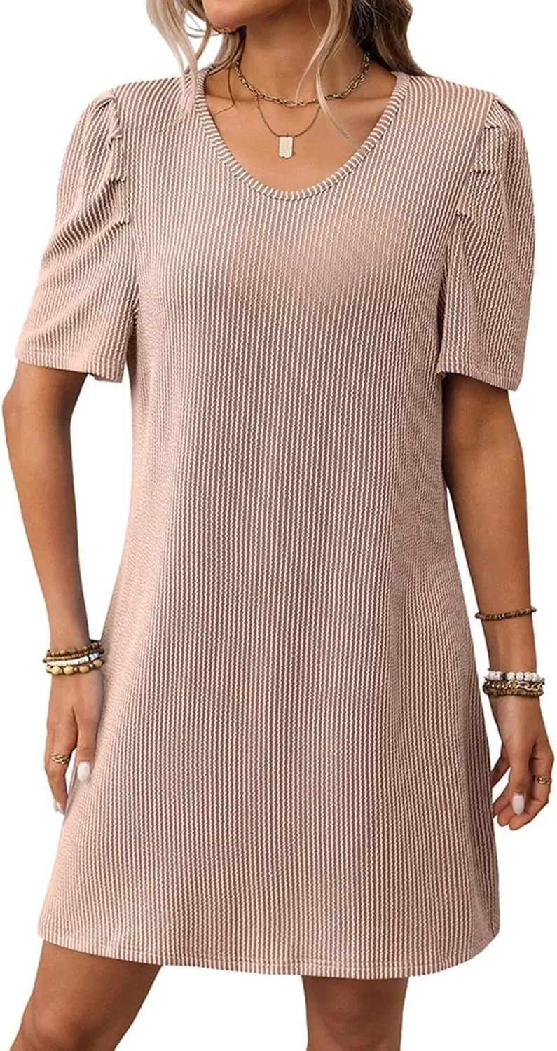 Summer Stripe Dresses for Women Casual Short Sleeve Loose Fit Crew Neck Dress Fashion Pleated Vacation Sundress
