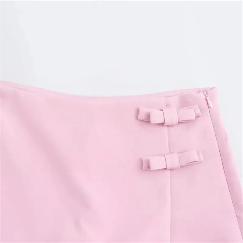 TRAF Pink White Mini Skirt Bow Skort For Women