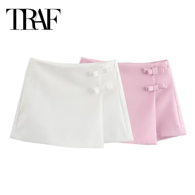 TRAF Pink White Mini Skirt Bow Skort For Women