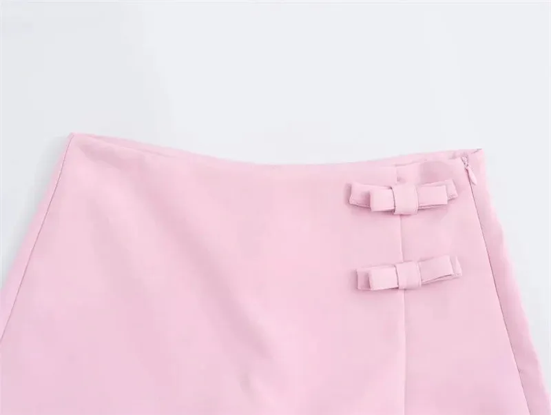 TRAF Pink White Mini Skirt Bow Skort For Women