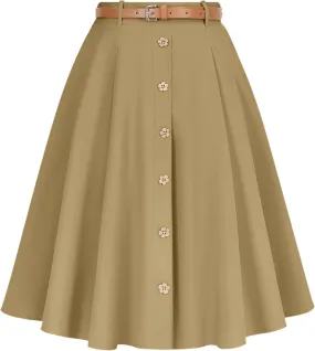 Wedtrend Women's Vintage Skirts A-Line Midi Skirt Button Work Flowy Skirts Pleated Skirt with Belt&Pockets