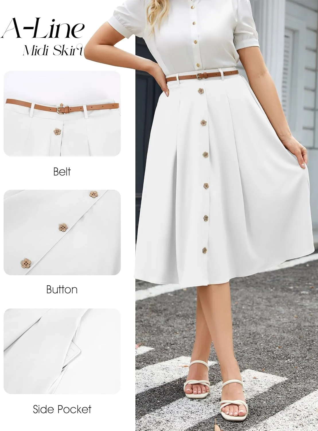 Wedtrend Women's Vintage Skirts A-Line Midi Skirt Button Work Flowy Skirts Pleated Skirt with Belt&Pockets
