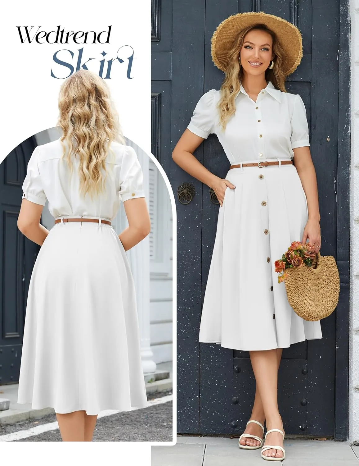 Wedtrend Women's Vintage Skirts A-Line Midi Skirt Button Work Flowy Skirts Pleated Skirt with Belt&Pockets