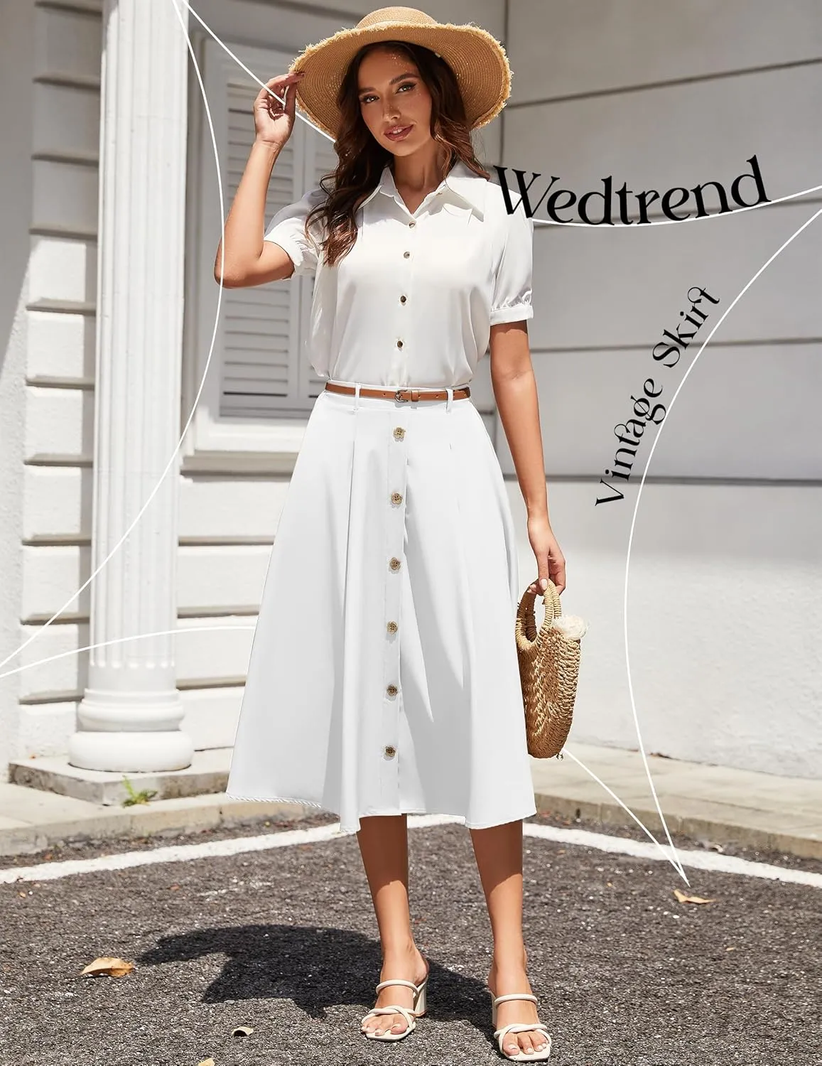 Wedtrend Women's Vintage Skirts A-Line Midi Skirt Button Work Flowy Skirts Pleated Skirt with Belt&Pockets