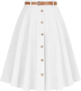 Wedtrend Women's Vintage Skirts A-Line Midi Skirt Button Work Flowy Skirts Pleated Skirt with Belt&Pockets