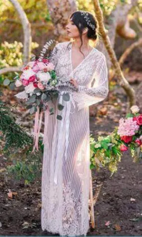 White Sheer Lace Detail Long Beach Cover Up