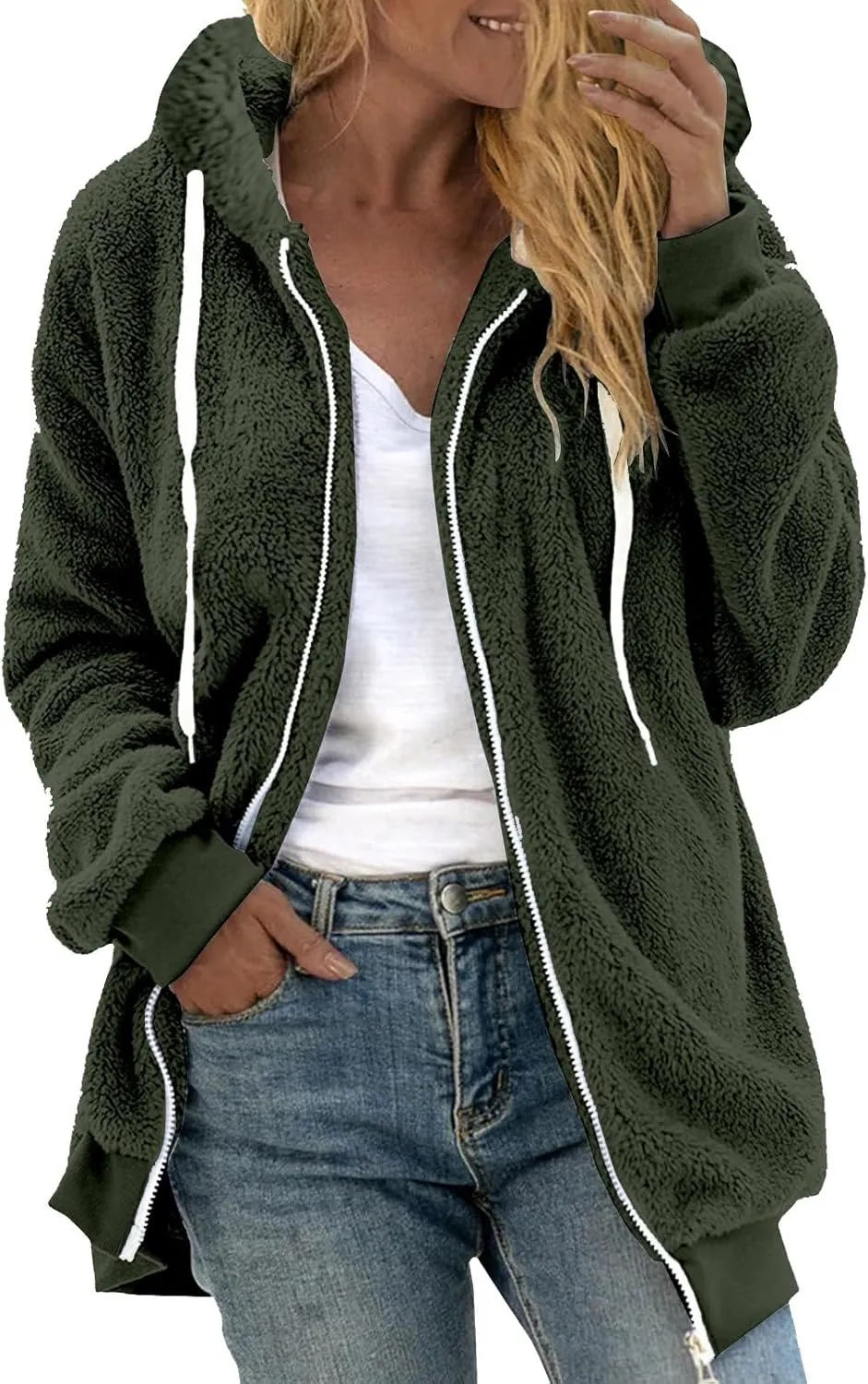 Winter Fleece Sherpa Hooded Jacket for Women Zip Up Casual Long Sleeve Drawstring Hoodies Soft Warm Jackets Outerwear