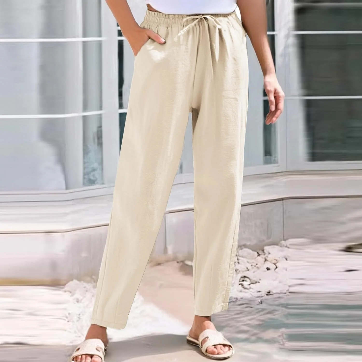 Women Casual Straight Leg Pants Elastic Drawstring Trousers with Pockets 2025 Summer Cotton Linen Beach Lounge Clothes