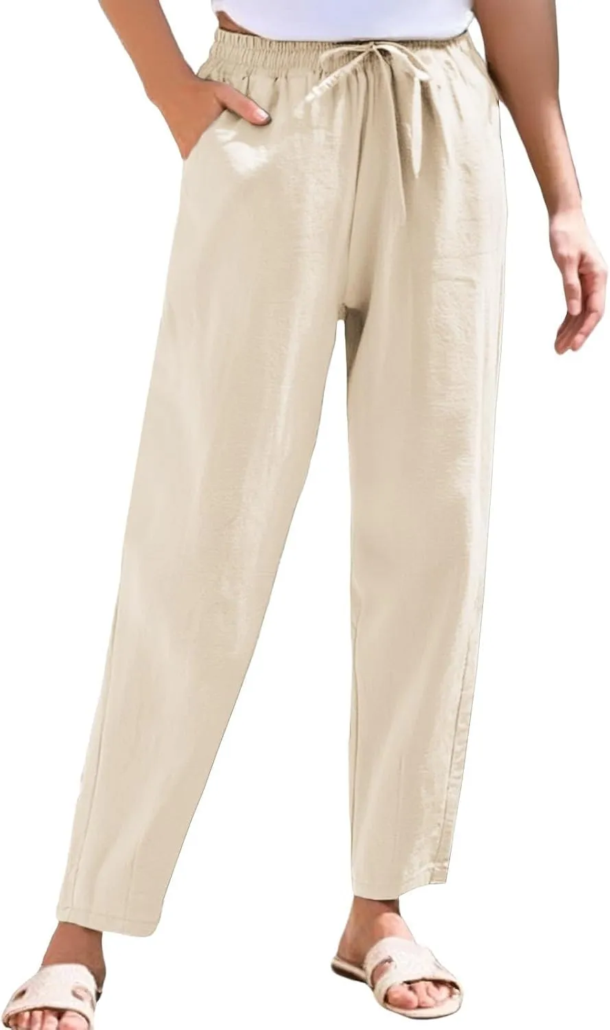 Women Casual Straight Leg Pants Elastic Drawstring Trousers with Pockets 2025 Summer Cotton Linen Beach Lounge Clothes