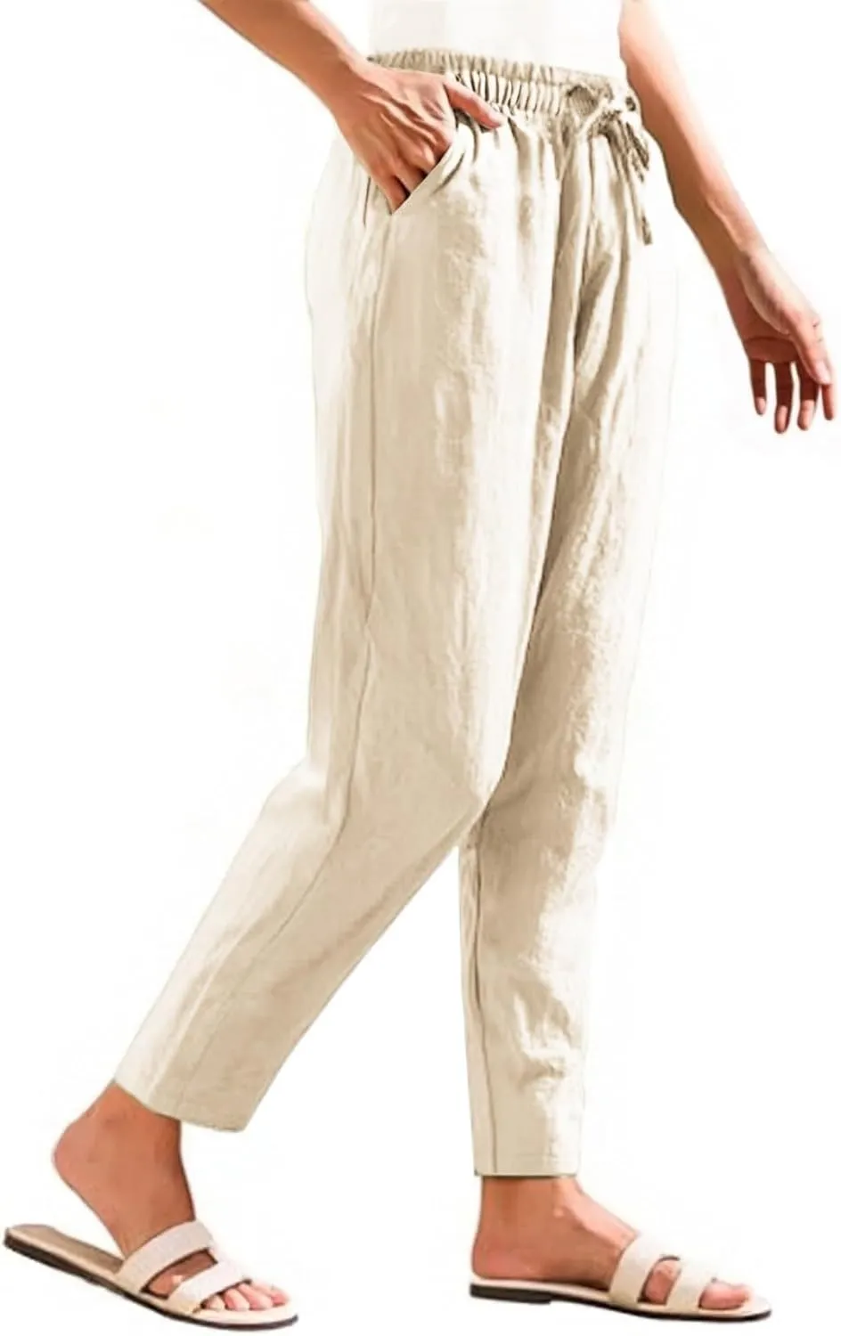 Women Casual Straight Leg Pants Elastic Drawstring Trousers with Pockets 2025 Summer Cotton Linen Beach Lounge Clothes