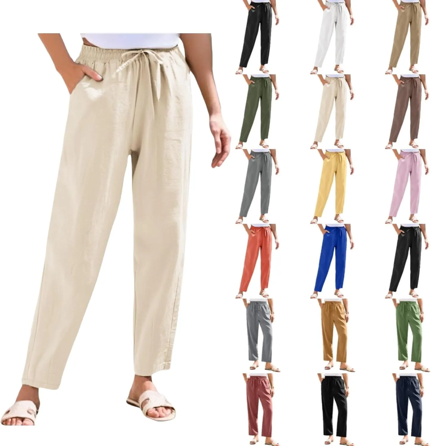 Women Casual Straight Leg Pants Elastic Drawstring Trousers with Pockets 2025 Summer Cotton Linen Beach Lounge Clothes