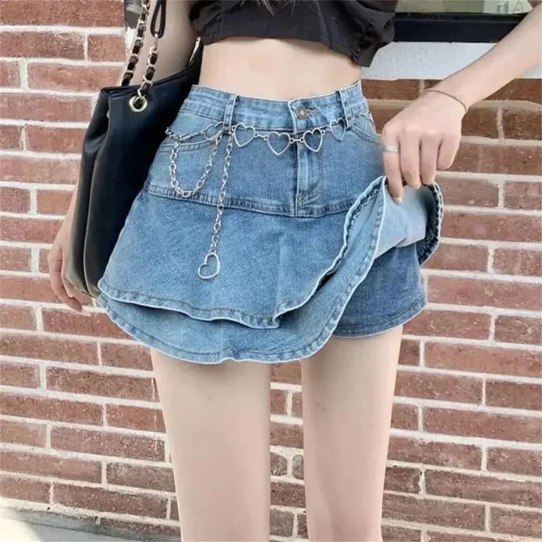 Women Denim Half-Length Skirt Ruffled Pleated Skirt High Waist Mini Skirt A-Line Skirt