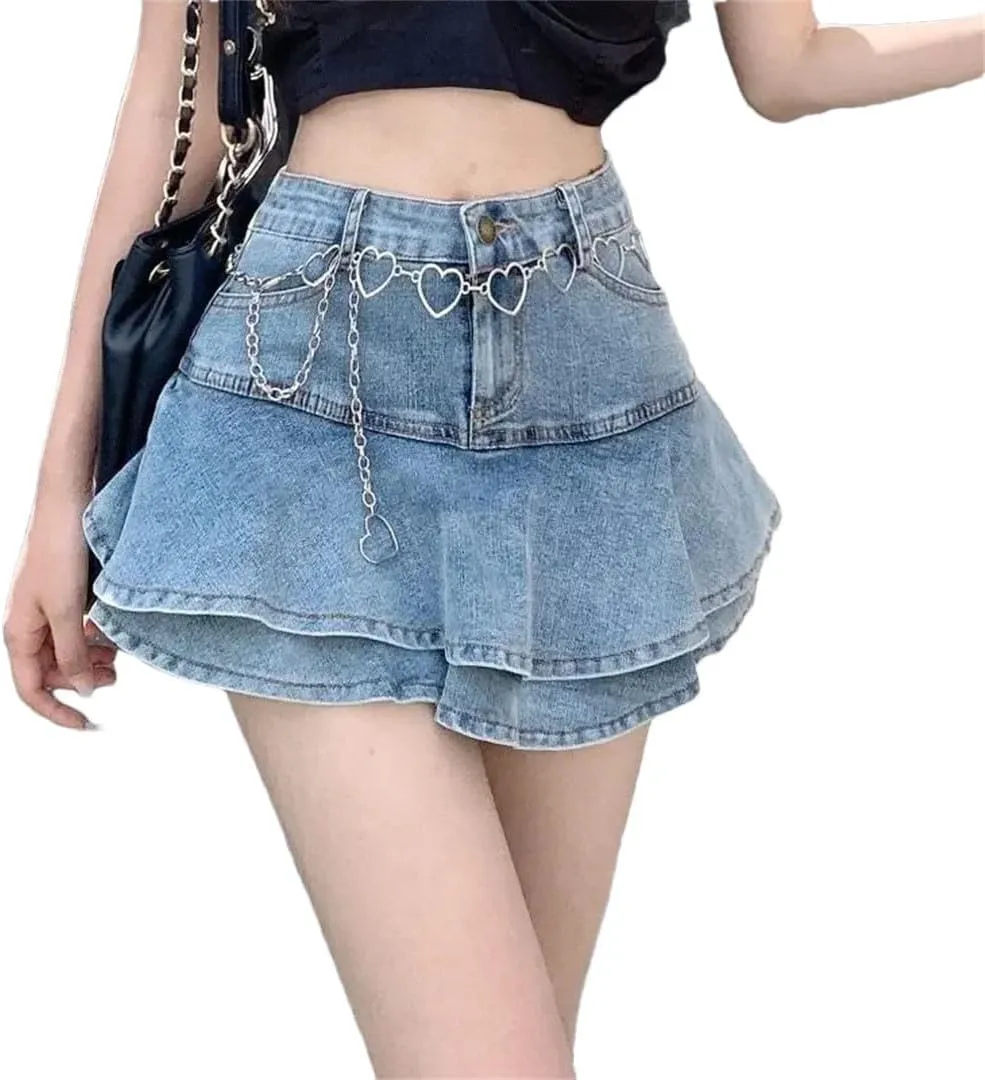 Women Denim Half-Length Skirt Ruffled Pleated Skirt High Waist Mini Skirt A-Line Skirt