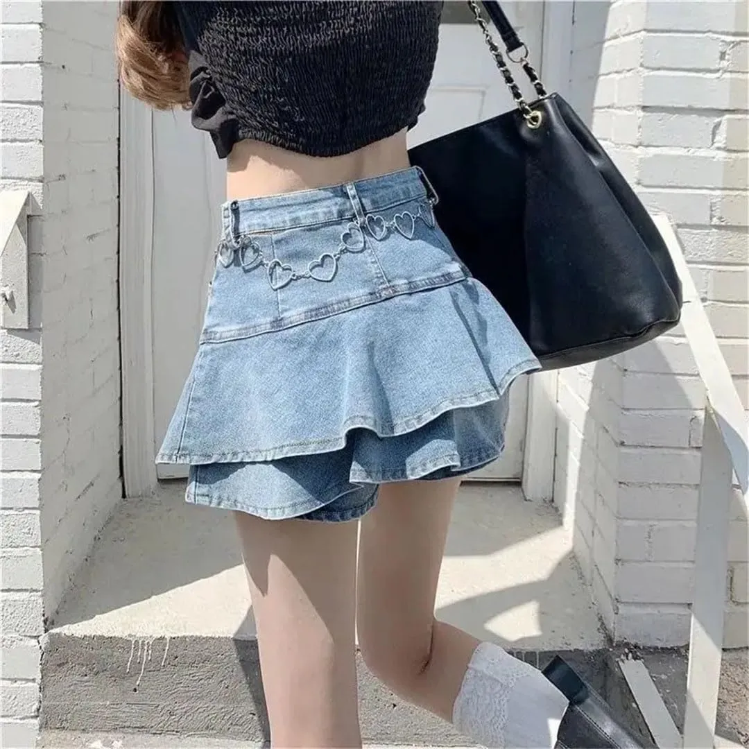 Women Denim Half-Length Skirt Ruffled Pleated Skirt High Waist Mini Skirt A-Line Skirt