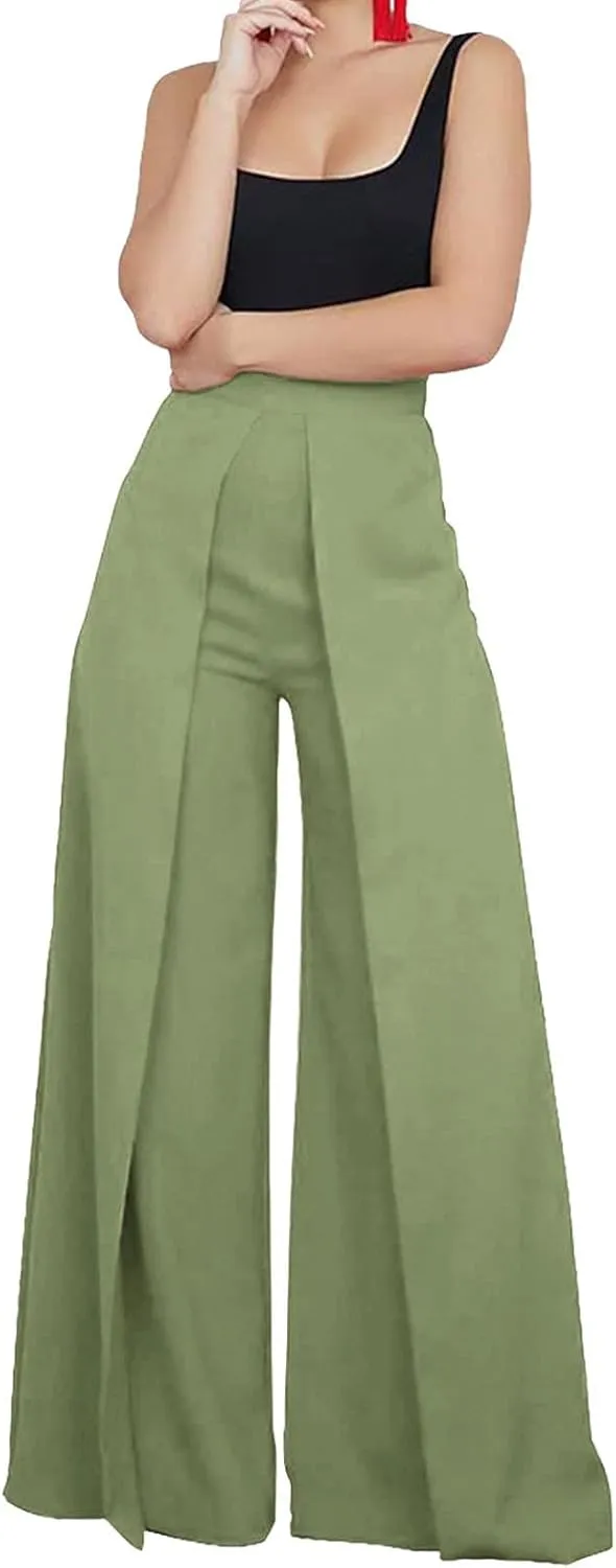 Women Elegant Palazzo Pants Solid Color Casual Loose Wide Leg Trousers Straight Pants Flowy Drape-Feel
