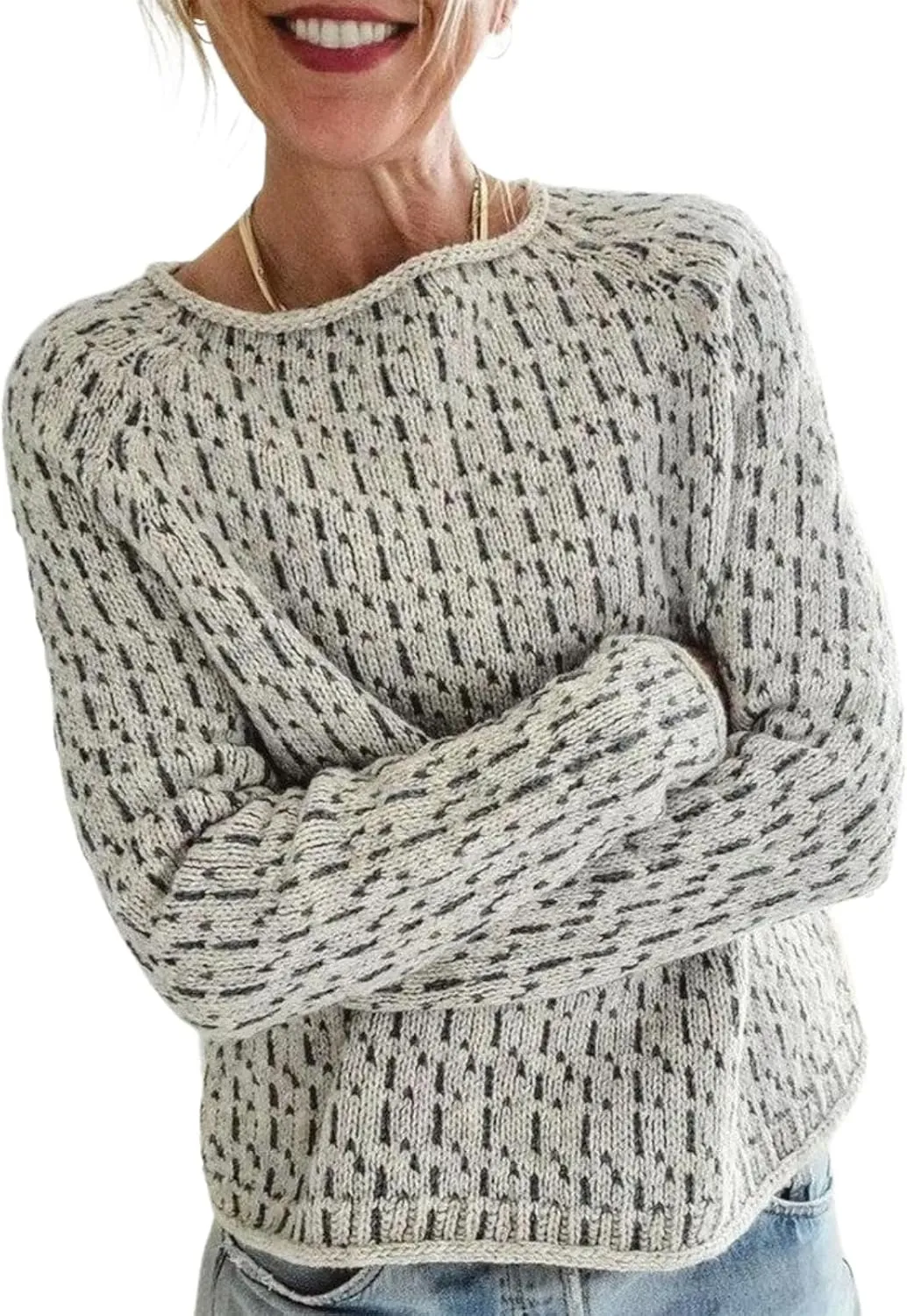 Women's Chic Grey Boat Neck Striped Print Sweater Loose Fit Soft Long Sleeve Cable Knit Pullover Top